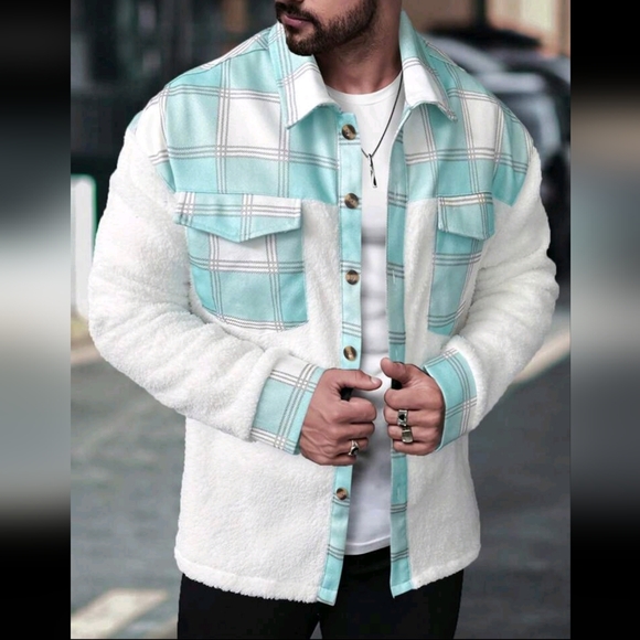 Brand new, white sherpa baby blue Plaid Flannel - Picture 1 of 4